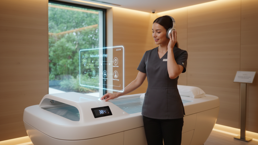 Spa team member preparing a touchless treatment setup, showcasing an efficient and clean environment.