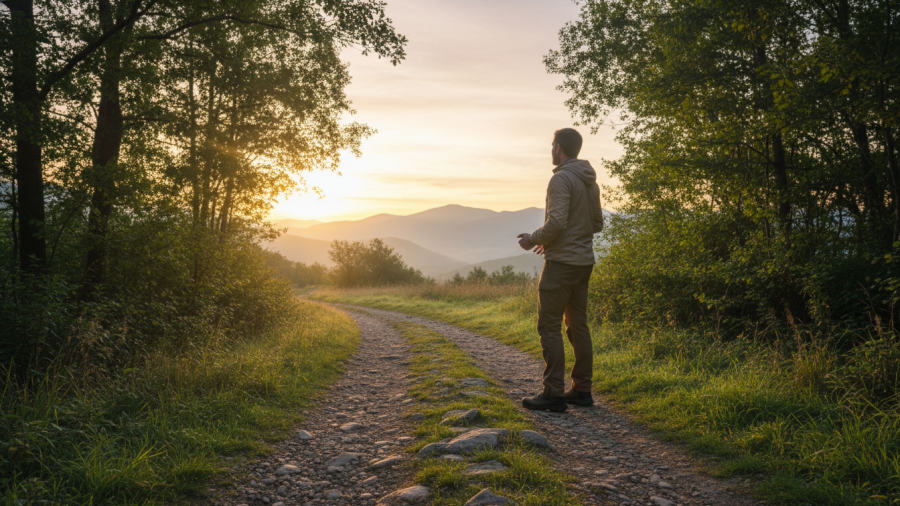 A hopeful figure at a trail's edge, embodying Grant Cardone's success story.