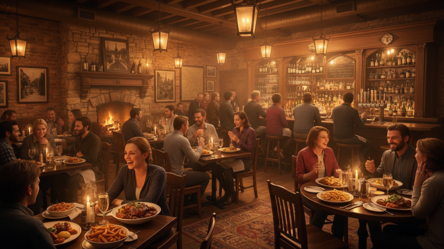 Warm tavern interior with cozy lighting, guests enjoying comfort food in a nostalgic dining experience.