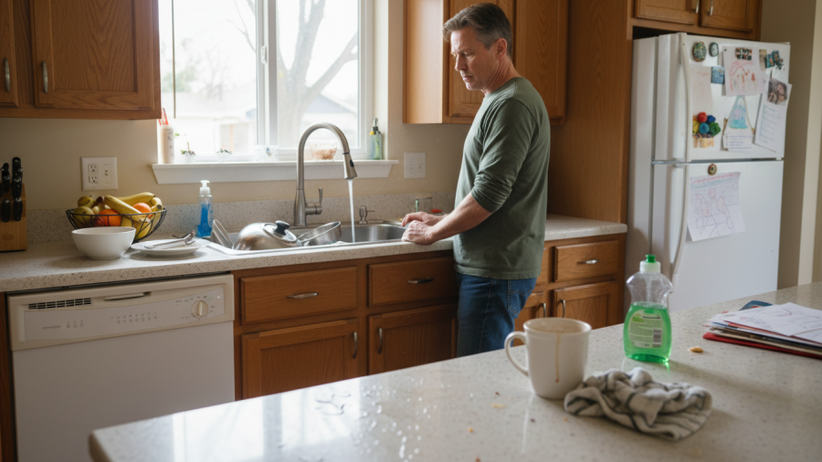 Weak water pressure affects daily routines in Sacramento homes, seen here at a kitchen sink.