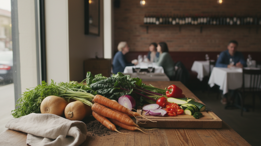 Fresh vegetables embody vegetarian comfort food ideas in a cozy restaurant setting.