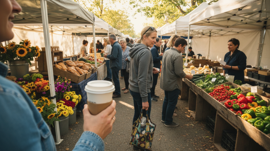 Relaxed shopper at Midtown Farmers Market Sacramento enjoying weekly shopping experience.