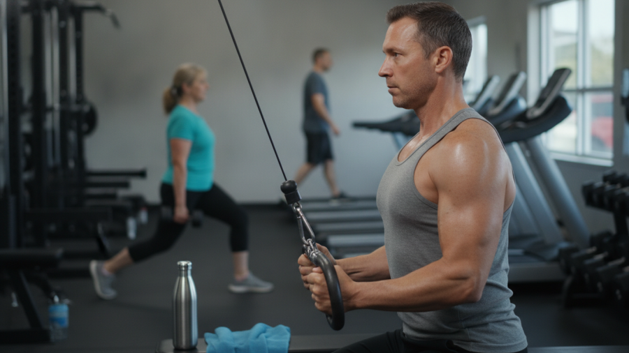 A healthy adult in their 40s exercises with dumbbells, emphasizing muscle use over protein supplements.