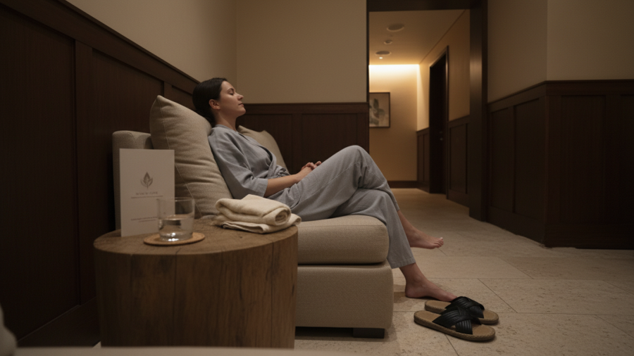 Post-massage relaxation scene showing hydration and comfort in a spa setting.