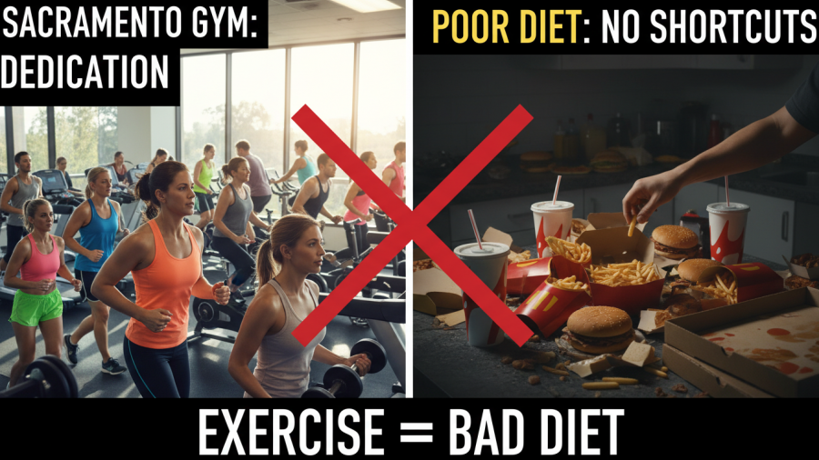 Split image showing gym efforts versus unhealthy food choices; emphasizes fitness nutrition.