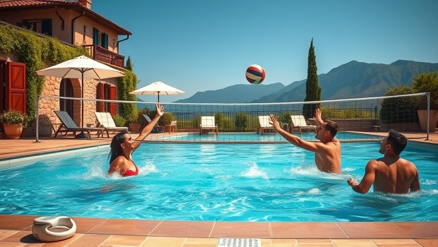 Four people playing volleyball in a sunny swimming pool scene.