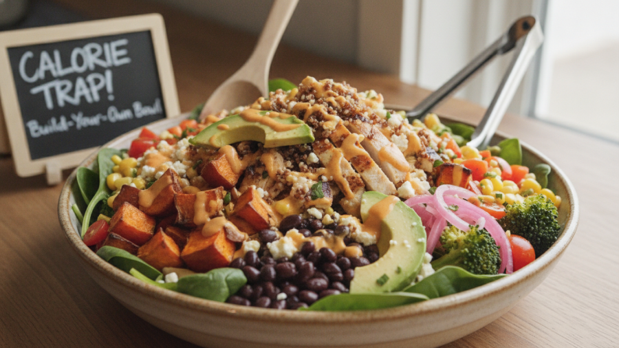 Colorful build-your-own bowl overflowing with toppings, highlighting hidden calories.