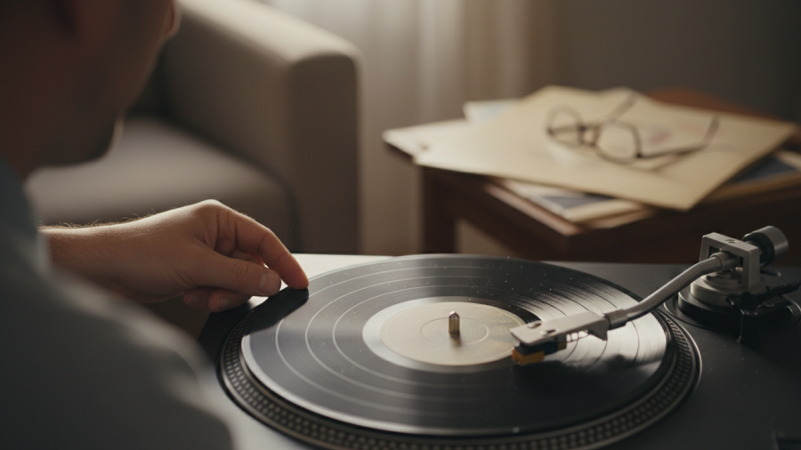A hand gently places a vinyl record on a turntable, highlighting the tactile experience of Sacramento vinyl revival.