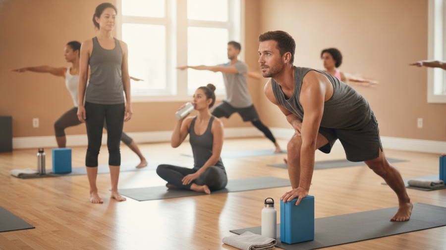 Beginner-friendly hot yoga class in Sacramento, focusing on instruction and hydration.