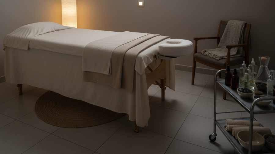Relaxing massage therapy room in Keizer, showcasing consistency and professionalism.