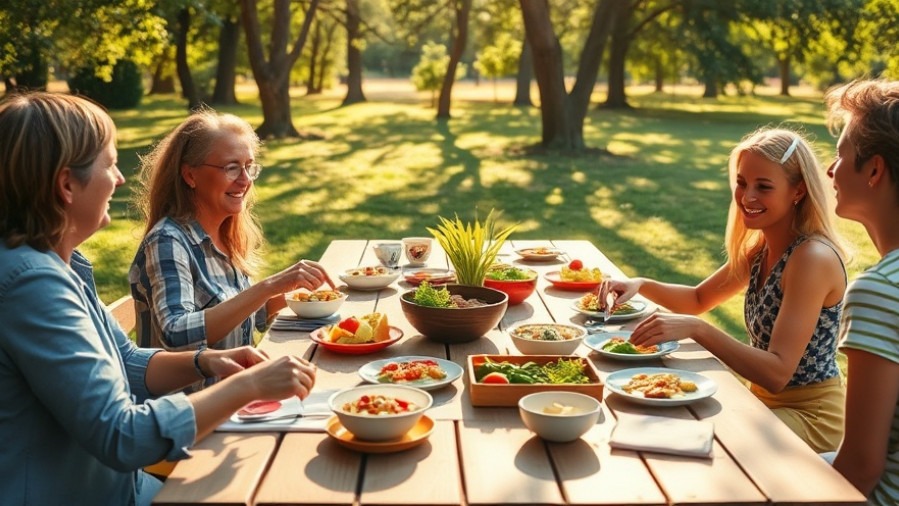 Friends enjoying healthy meals outdoors at a picnic table, emphasizing community and accessible eating.