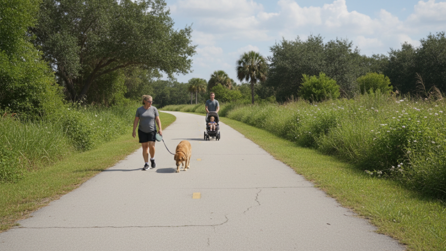 A person walks a leashed dog on a wide, stroller-friendly trail, showcasing family-friendly accessibility.