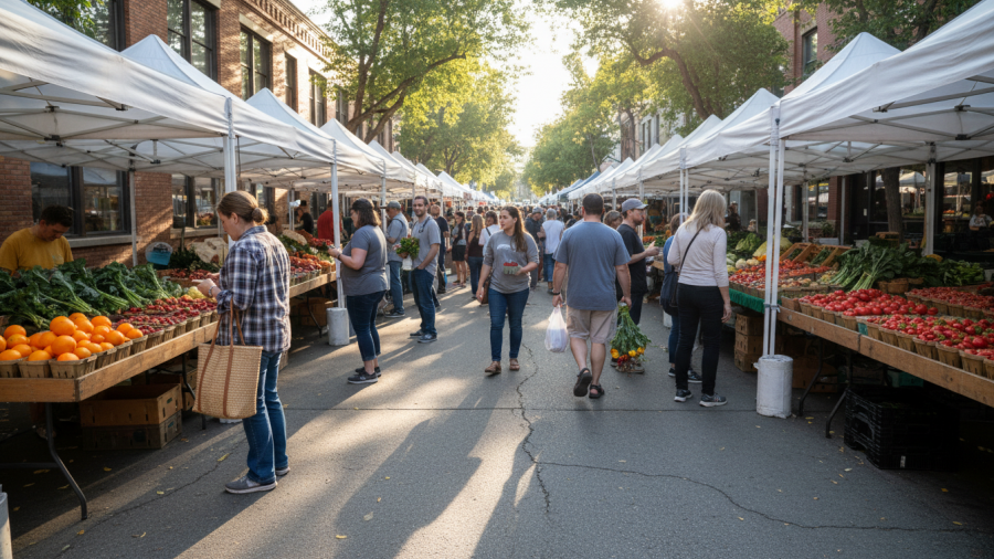 Bustling Midtown Farmers Market in Sacramento, showcasing fresh produce and vibrant atmosphere.