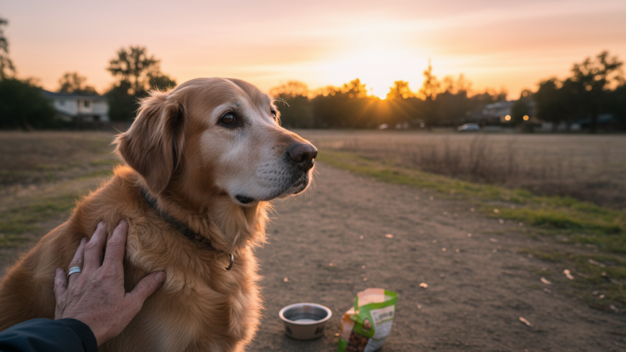 Senior dog beside owner at sunset, showcasing natural calming solutions for pets.