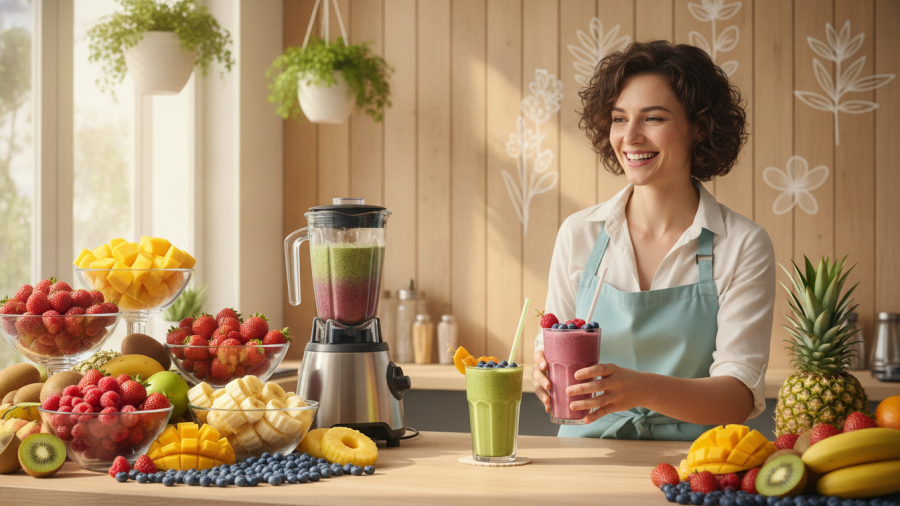Bright healthy smoothie bar in Sacramento with fresh fruits and a smiling barista.