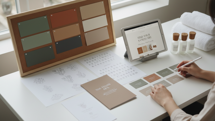 Creative workspace showcasing spa brand identity with color palettes and logo designs.