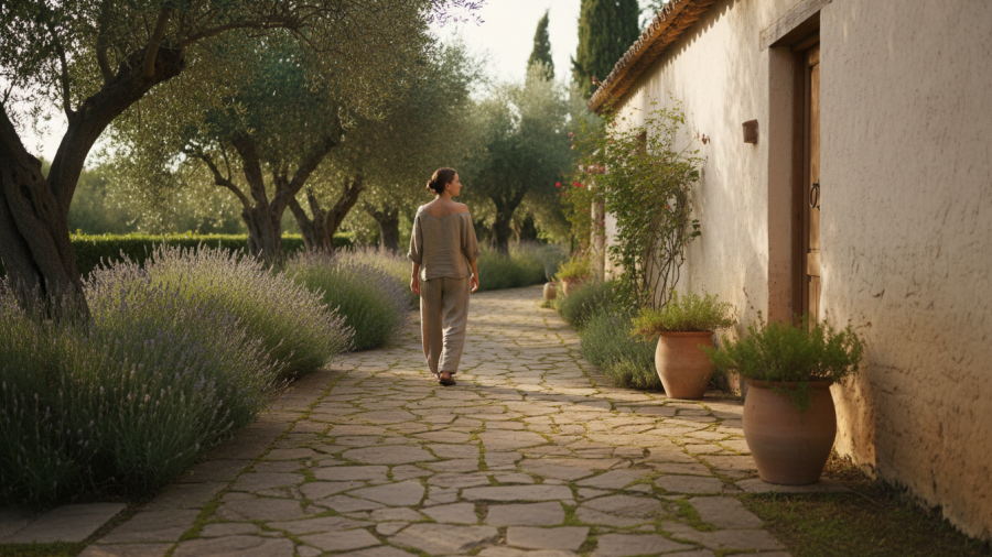 Person walking in serene garden path, reflecting spa effects after massage in Eugene, Oregon.