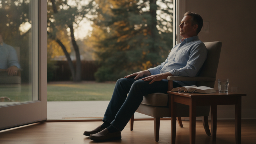 A man practicing slow breathing at home, demonstrating vagus nerve exercises for anxiety.