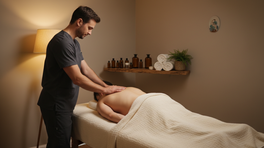 A soothing massage session in Palo Alto's bathouse, highlighting relaxation.