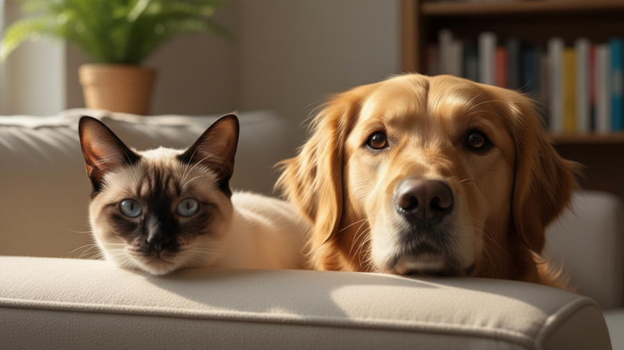 Close-up of a healthy dog and cat with shiny coats, alert eyes, and clean ears, indicators of pet health.