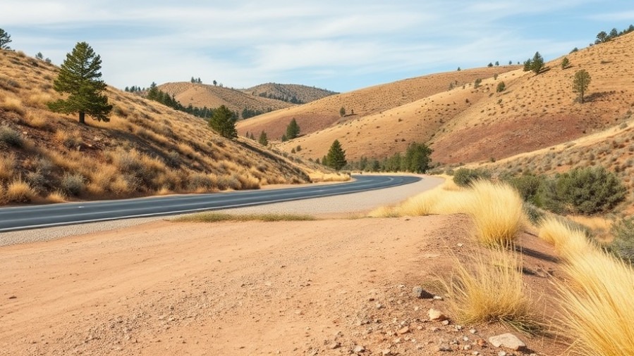 Quiet roadside access to a trail with dry grasses and rolling foothills.