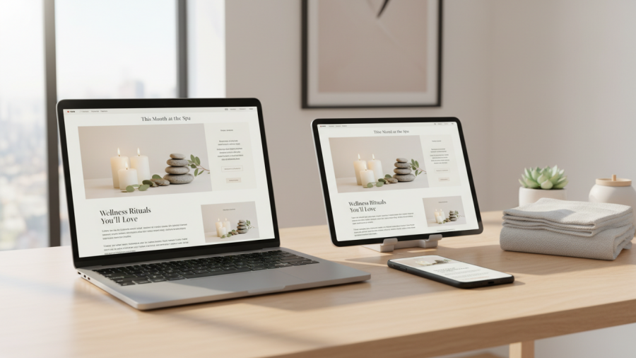 Modern workspace showing a serene spa email newsletter on laptop and tablet.