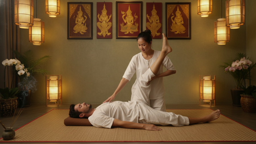 Traditional Thai massage session in a serene treatment room lighting.