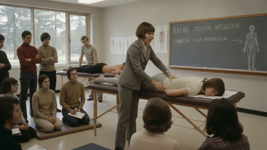 Ida Rolf demonstrating Rolfing Structural Integration techniques in a bodywork class.
