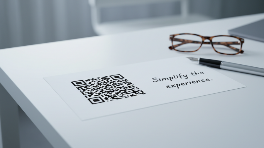 QR code on white surface with note 'Simplify the experience' – leadership reflection.