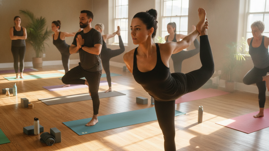 Diverse adults in a hot yoga class in Sacramento practicing balance poses with focus.