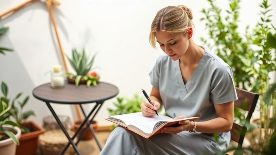 Spa therapist reflecting on newsletter strategies amidst nature.