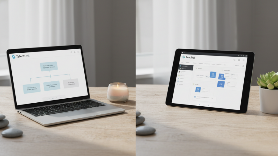 Split-image showing TalentLMS and Teachable course creation tools on a spa desk.