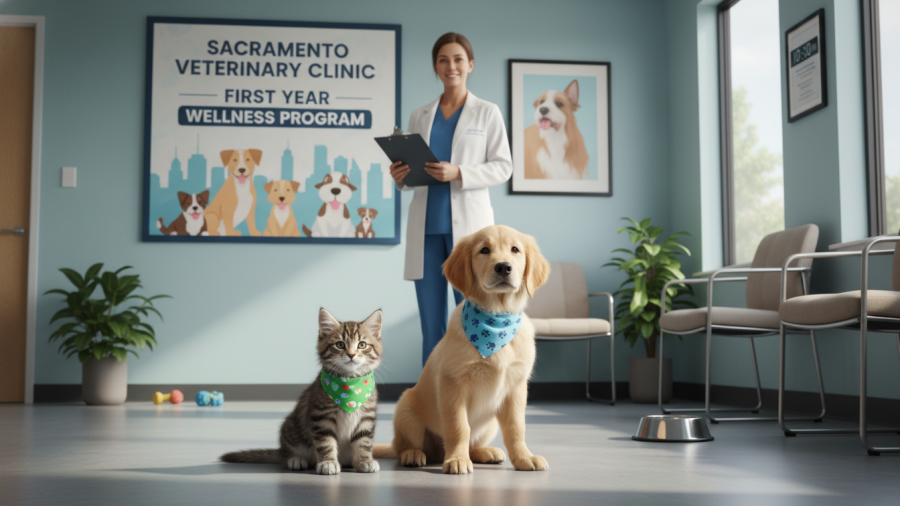 Puppy and kitten awaiting first-year vet care at Sacramento clinic.