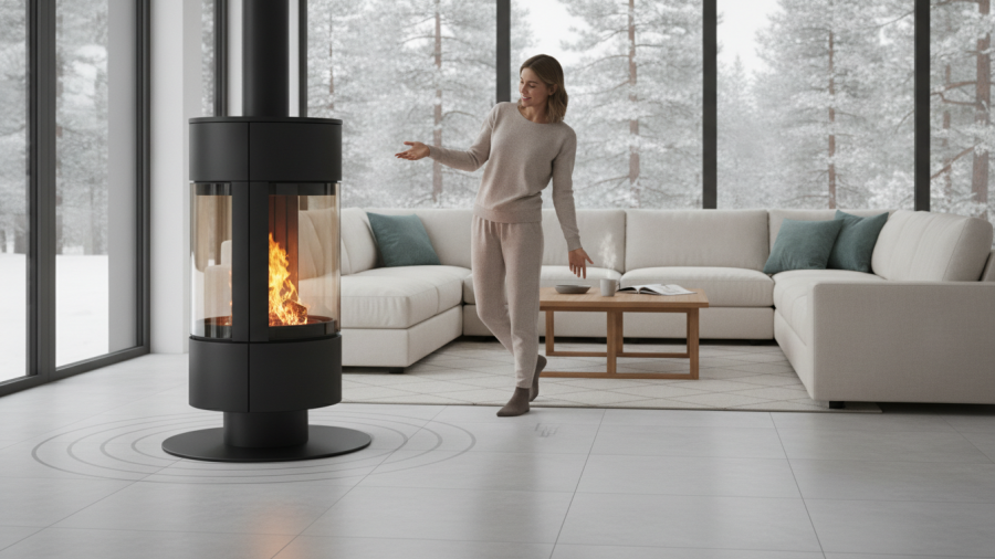 Freestanding rotating fireplace adds warmth in a sustainable home design in Sacramento.