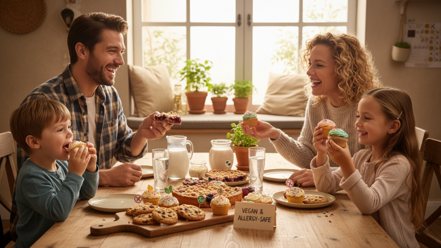 Traditional family enjoying vegan allergy-safe baked treats at home.