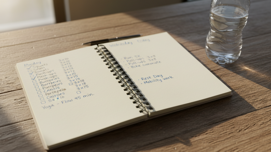 Close-up of a fitness journal showing workout intensity and exercise consistency.