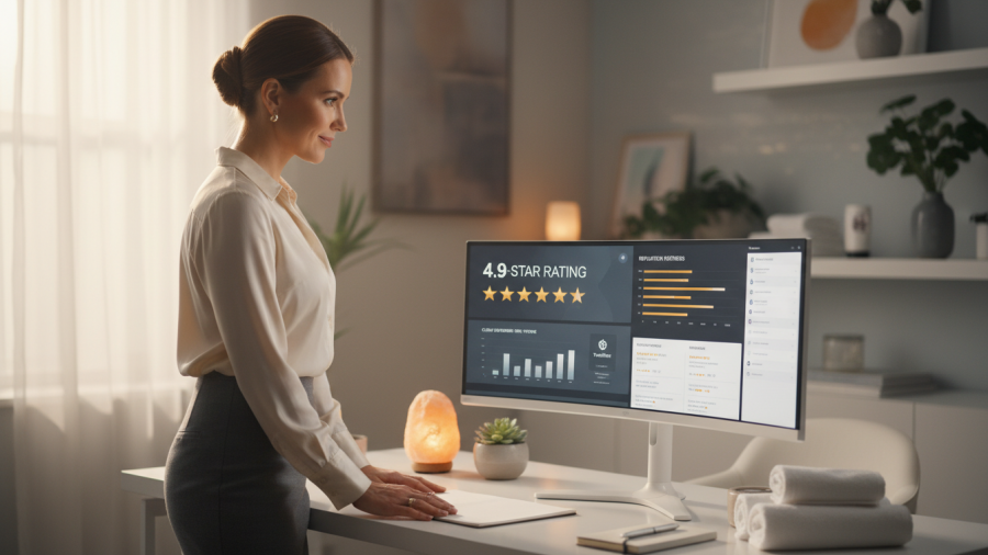 Confident spa owner reviews digital reputation marketing partner profiles in her serene office.