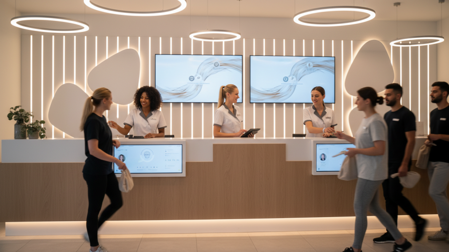 Efficient reception team at a contemporary spa, checking in clients with digital displays.