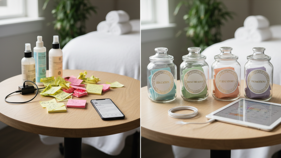 Contrast of a cluttered vs. organized table illustrating content pillars for spa owners.