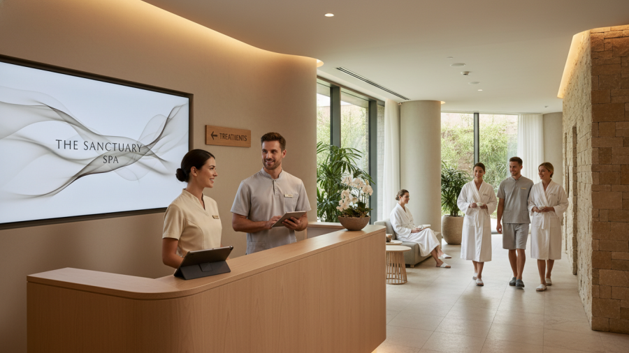 Seamless spa environment showcasing calm front desk and soothing guest areas.