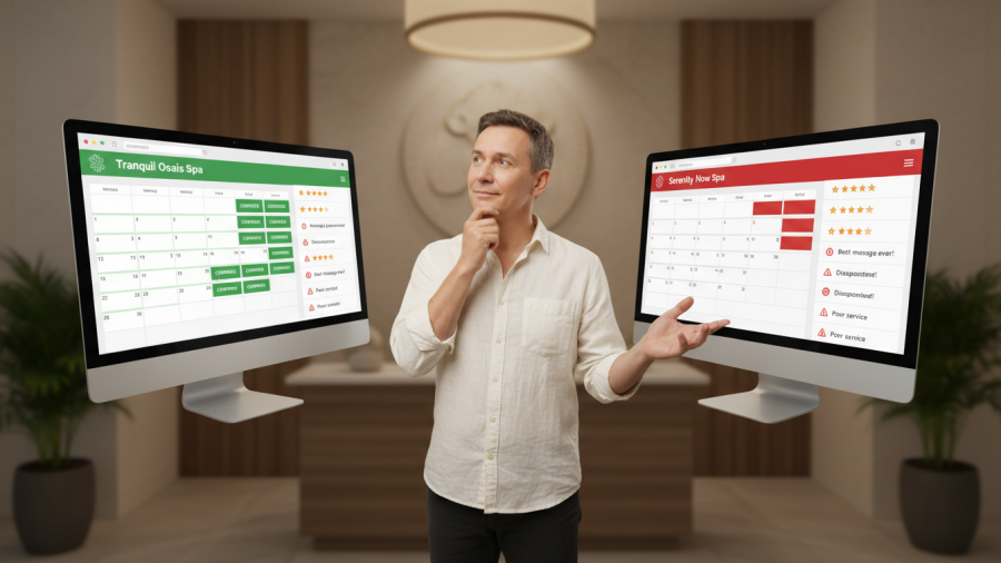 Contrasting spa outcomes: booked appointments vs. empty slots influenced by reviews.