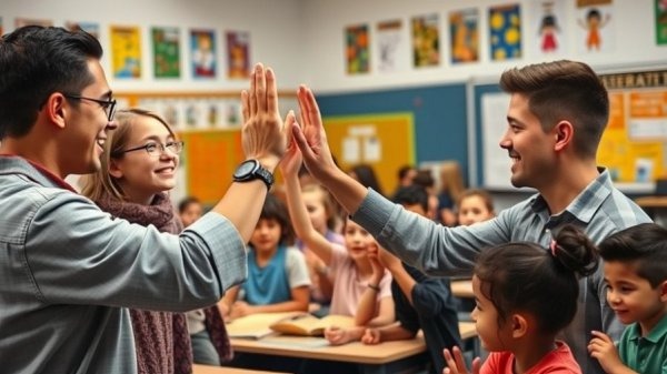 Mindfulness meditation and altruism: educators high-fiving in a classroom.