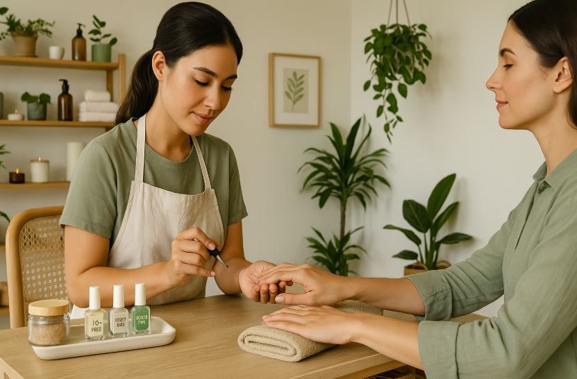 Eco friendly nail salon Sacramento with modern decor, plants, and natural light.