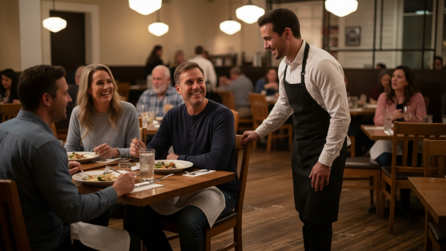 Warm community dining in Sacramento, showcasing friendly staff and guests.