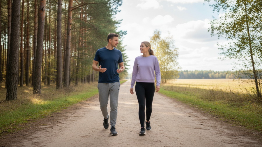 Two people engaged in casual conversation on a trail, embodying fitness motivation.