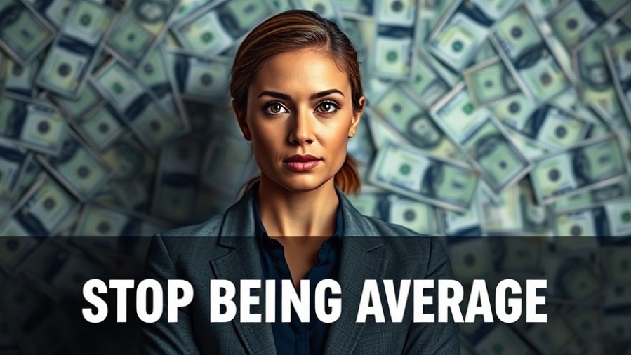 Confident woman against money backdrop promoting financial literacy and growth mindset.