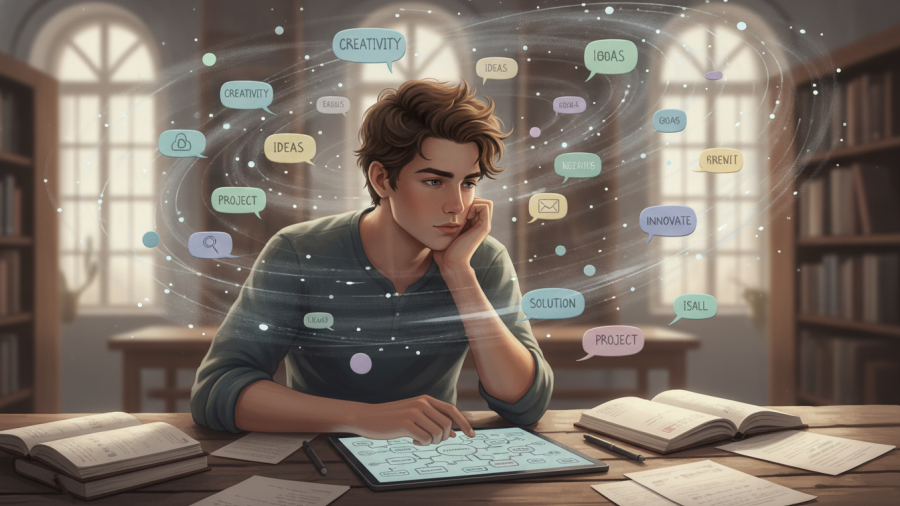 Thoughtful young man engaging in mind mapping for day spa owners amidst colorful speech bubbles.