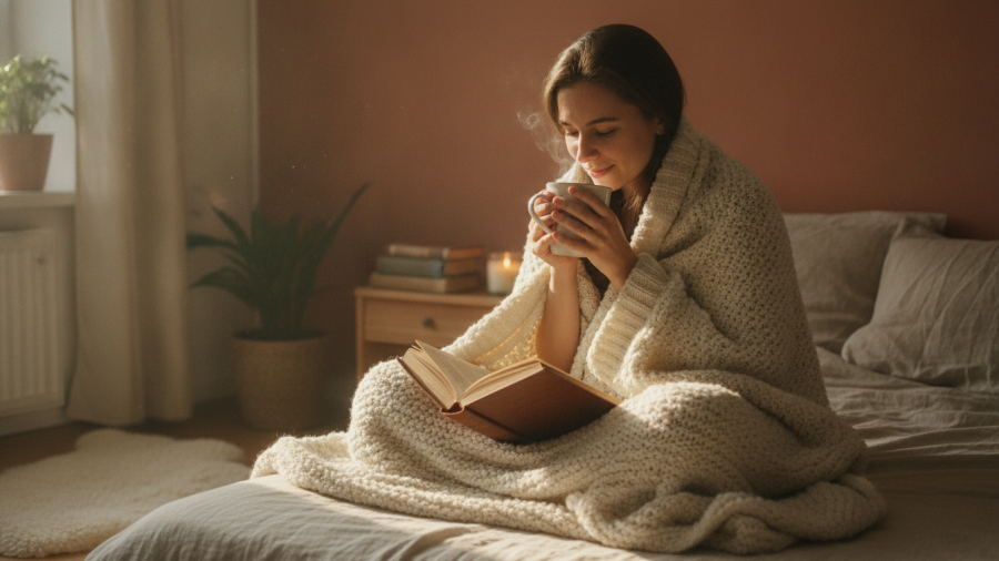 A cozy scene promoting self care and mental health with a person enjoying a book.