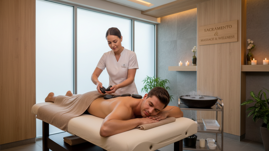 Hot stone massage in Sacramento at a tranquil modern spa for relaxation.