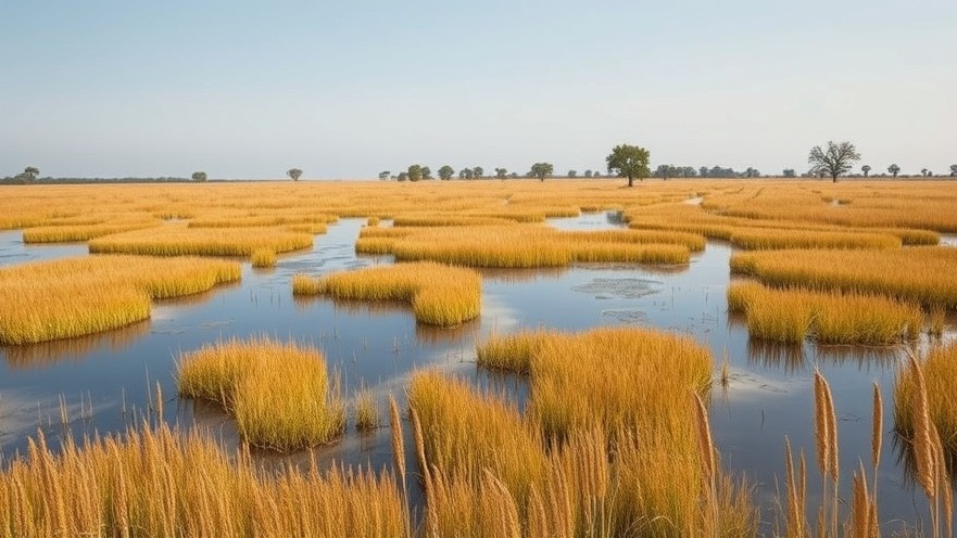 Vast wetland landscape with reflective waters, golden grasses, and oak trees.